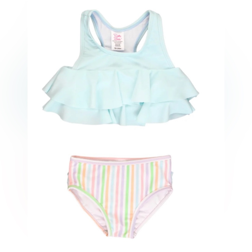 RUFFLE BUTTS KIDS PALE RAINBOW STRIPE FLOUNCE BIKINI